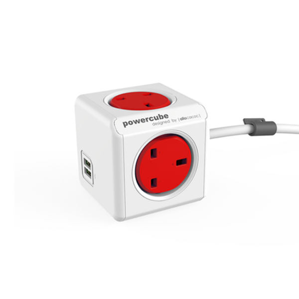 Power Cube Extended USB UK 4X Plug+2USB Red 1.5M